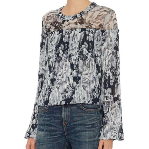 INTERMIX Charlotte Pleated Floral 100%‎ Silk Blouse Size S Top Navy Bell Sleeve - Picture 1 of 8